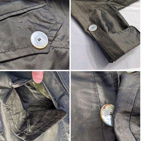 Vtg Y2K VALENTINO Metallic Futurism 100% Silk Green-Gray Belted Moto Trench Sz 8 - Picture 8 of 9